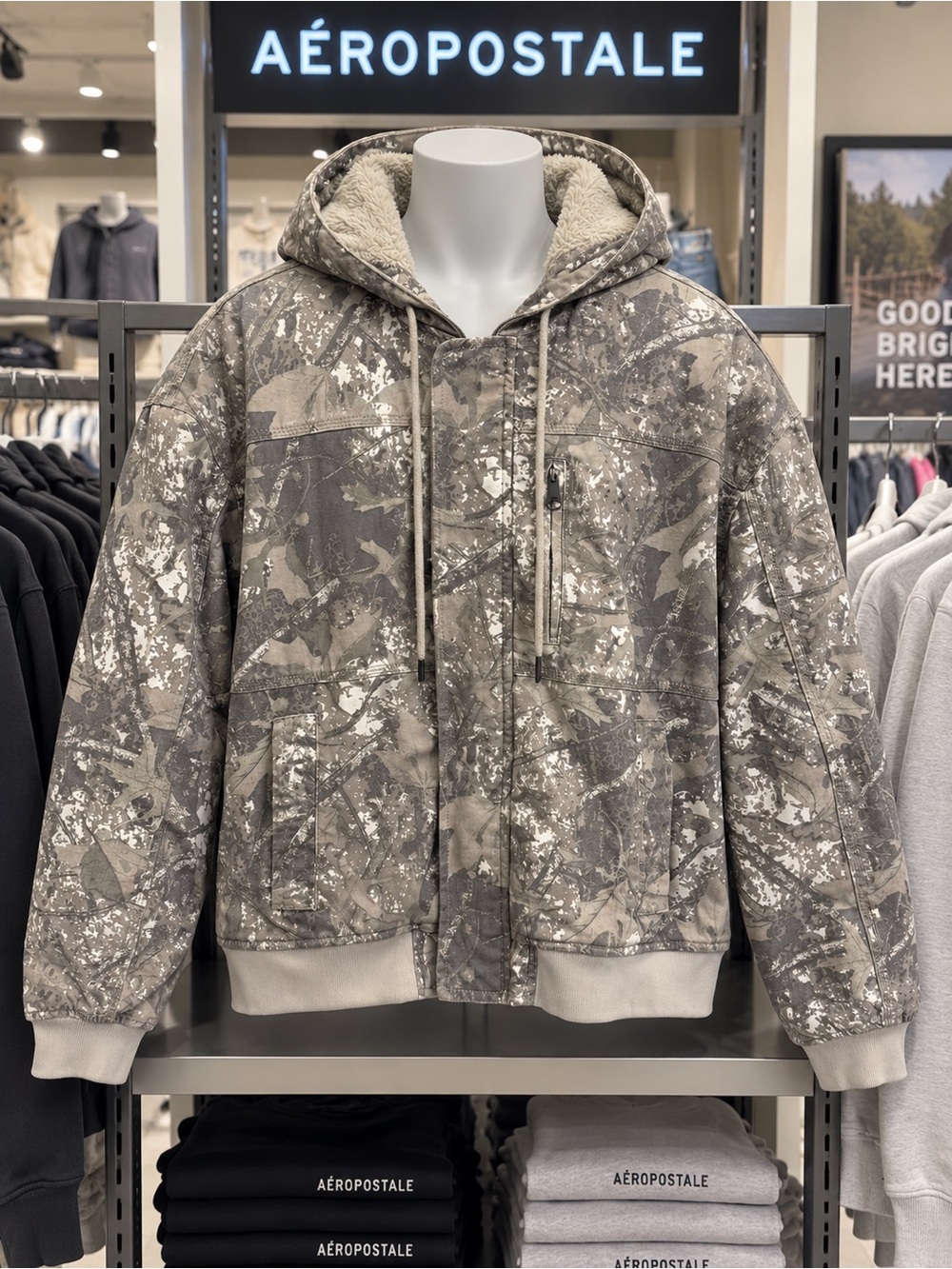 Aeropostale Men's Hooded Sherpa Lined Camo Bomber Jacket - Gray & Tan